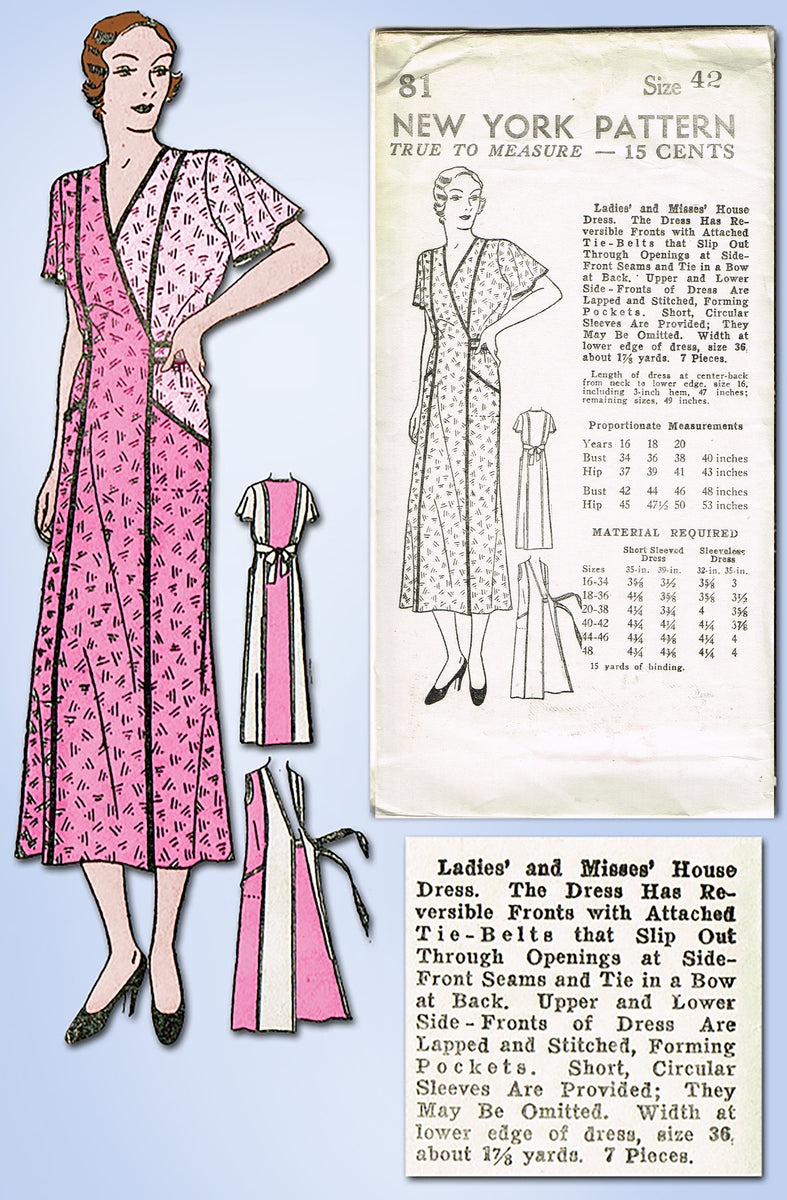 New York 81: 1930s Rare Uncut House Dress 42 B Vintage Sewing