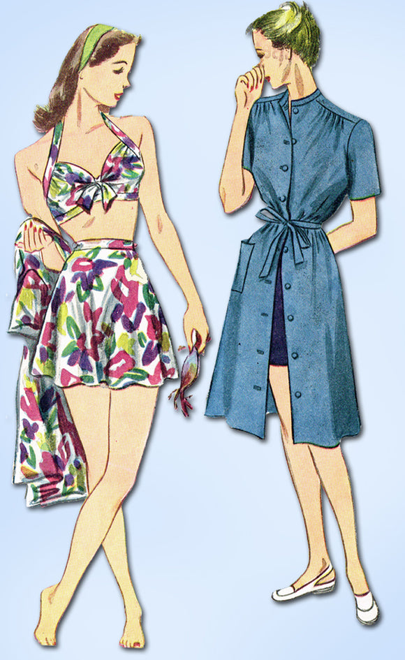 1940s Original Vintage Simplicity Pattern 1022 Misses 2 PC Bathing Suit & Dress