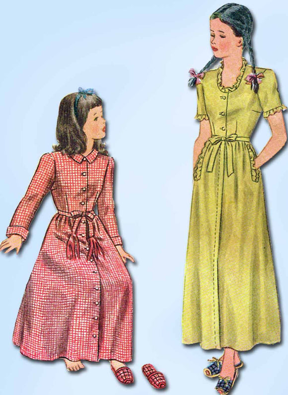 1940s Vintage Simplicity Sewing Pattern 1128 Uncut Girls Housecoat Slippers Sz 6