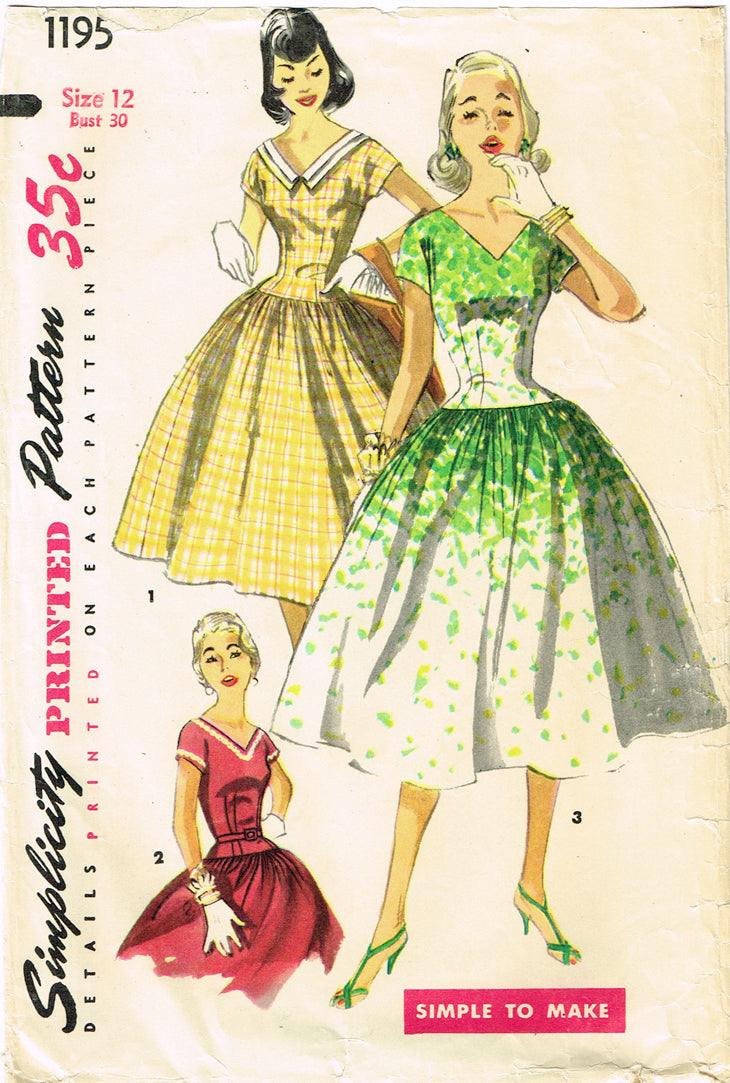 1950s Original Vintage Simplicity Pattern 1195 Easy Misses Party Dress Size  30 B