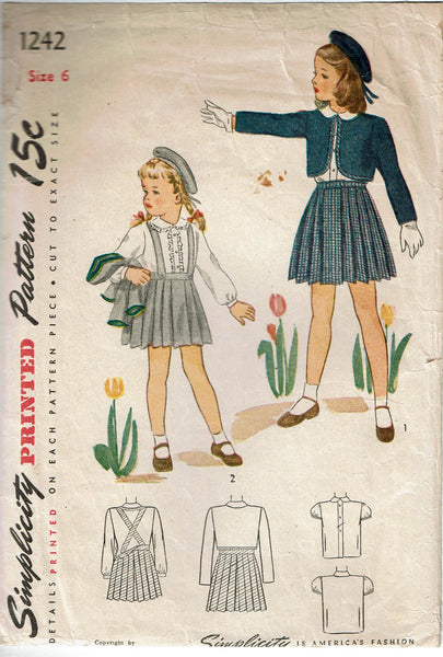 1940s Vintage Simplicity Sewing Pattern 1242 Cute Toddler Girls WWII Suit
