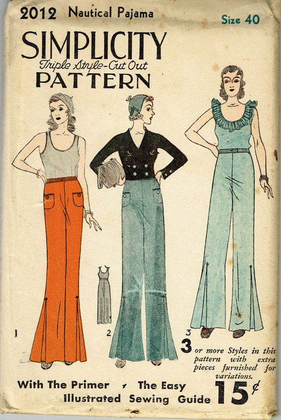 Simplicity 2012: Rare Uncut 1930s Nautical Beach Pyjamas Sz 40B Vintage Sewing Pattern - Vintage4me2