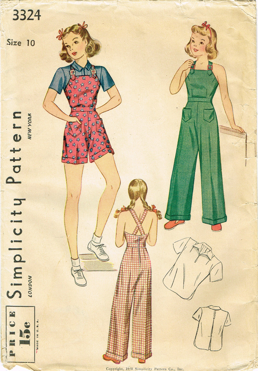 1930s Vintage Simplicity Sewing Pattern 3324 Uncut Girls Overalls Sz10 ...