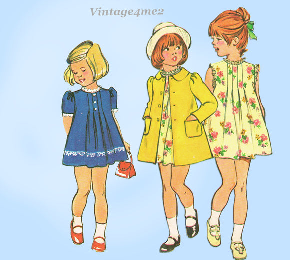 1970s Vintage Simplicity Sewing Pattern 6182 Cute Toddler Girls Dress & Coat Sz 6