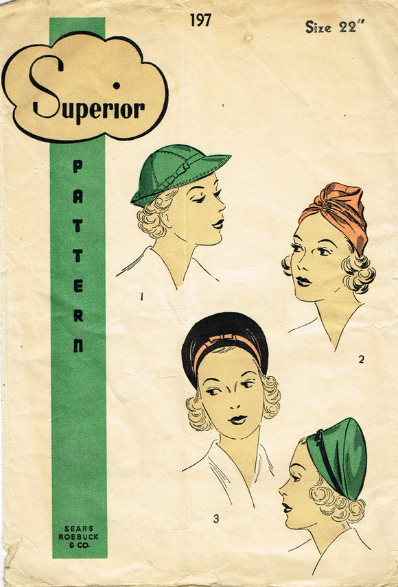 1930s Original Vintage Superior Sewing Pattern 197 Rare Misses Hat & Turban Set