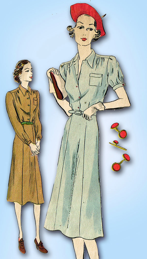 1930s Original Vintage Vogue Pattern 8045 Shirtwaist Dress w French Cuffs Sz 34B - Vintage4me2