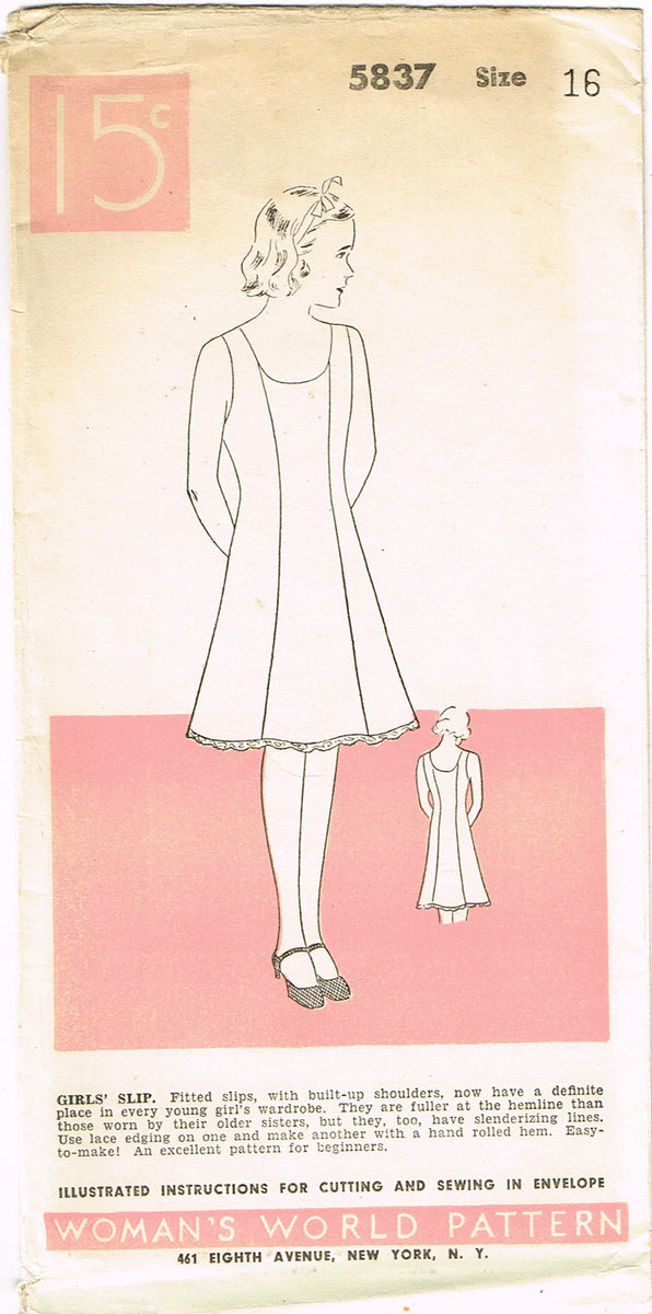 1930s Vintage Woman's World Sewing Pattern 5837 Uncut Girls Slip Sz 16 –  Vintage4me2