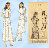 Mail Order 2275: 1940s Stylish Misses Peplum Dress Sz 32 B Vintage Sewing Pattern