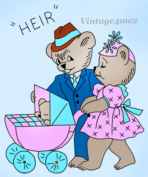 1940s Vintage Mail Order Embroidery Transfer 2478 Uncut Bear Romance Tea Towel Motifs