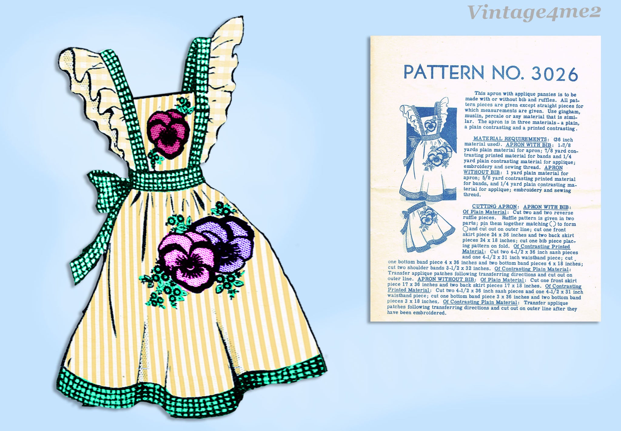 1950s Vintage Mail Order Pattern 3026 Uncut Misses Pansy Full Bib