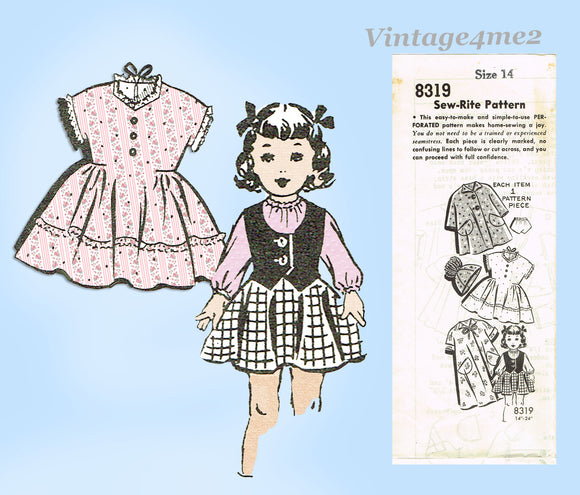 1950s Vintage Mail Order Sewing Pattern 8319 Cute 14in Little Girl Doll Clothes