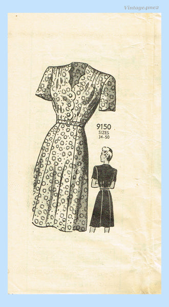 Marian Martin 9150: 1940s Misses Scalloped Dress Sz 46 B Vintage Sewing Pattern