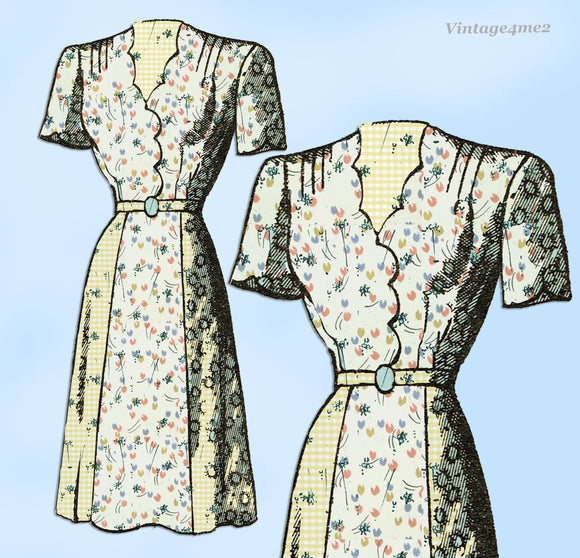 Marian Martin 9150: 1940s Misses Scalloped Dress Sz 46 B Vintage Sewing Pattern