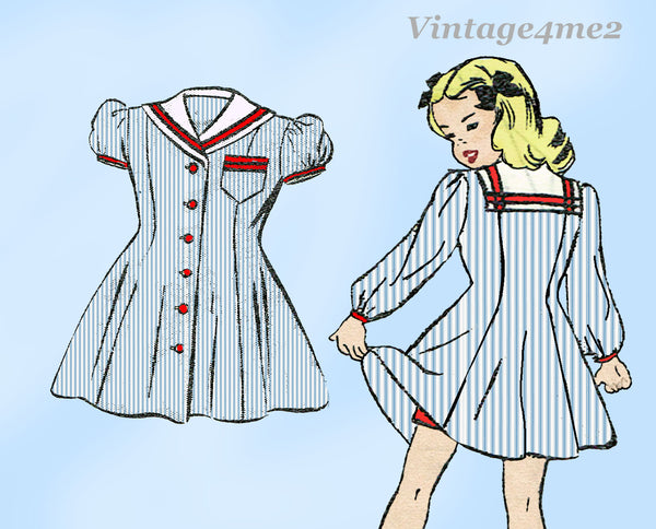 1940s Vintage Marian Martin Pattern 9375 Cute Uncut Little Girls Sailor Dress Sz 8