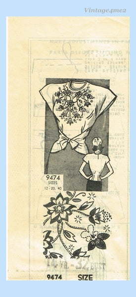 Marian Martin 9471: 1940s Rare Misses Embroidered Wrap Blouse 32 B Vintage Sewing Pattern