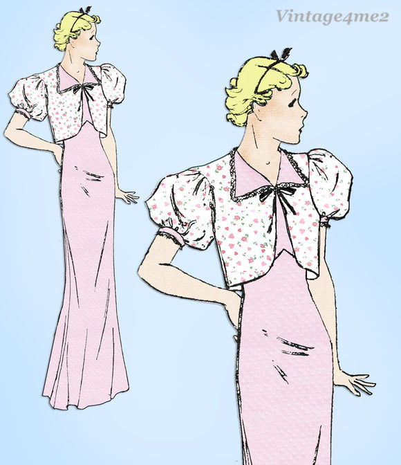 1930s Vintage Advance Sewing Pattern 1397 Glamorous Misses Nightgown Size 34 B