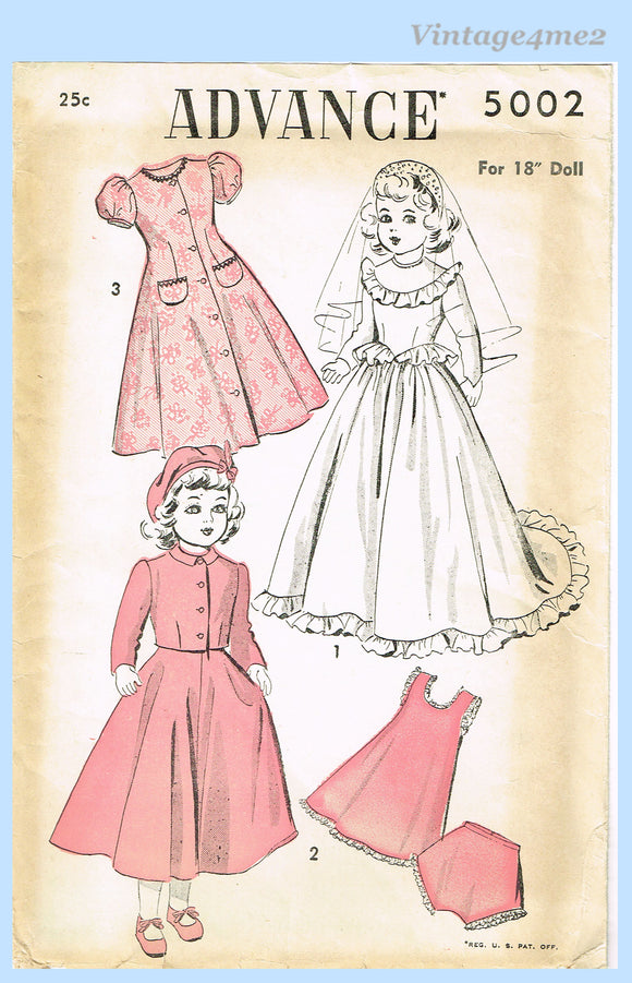 1940s Vintage Advance Sewing Pattern 5002 18in Bridal Doll Clothes ...