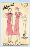 Advance 1702: 1930s Lovely Misses Street Dress Sz 40 B Vintage Sewing Pattern