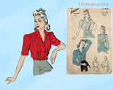 1940s Vintage Advance Sewing Pattern 2748 Charming WWII Misses Blouse Size 32 Bust