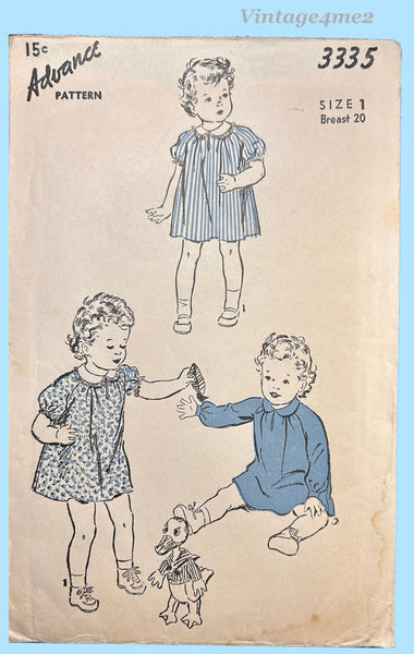 1940s Vintage Advance Sewing Pattern 3335 Sweet Baby Girls WWII Dress Size 1