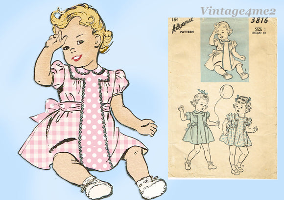 Advance 3816: 1940s Cute WWII Baby Girls Dress Sz 1 Vintage Sewing Pattern