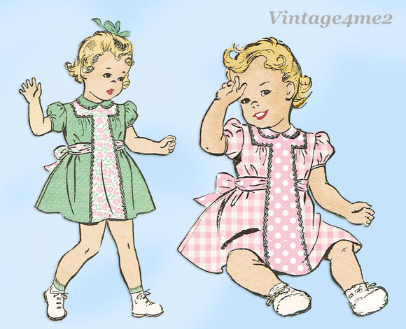 Advance 3816: 1940s Cute WWII Baby Girls Dress Sz 1 Vintage Sewing Pattern