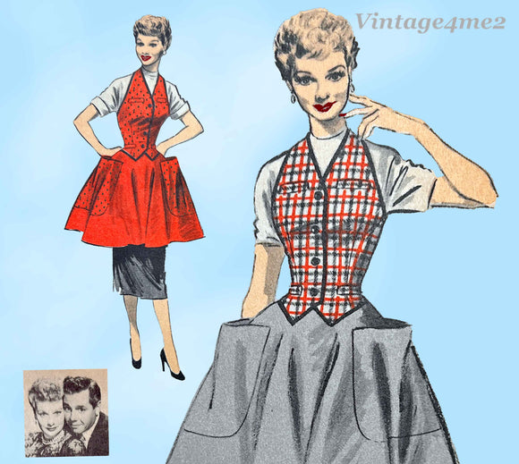 1950s Vintage Advance Sewing Pattern 6557 Rare Lucille Ball Weskit Apron Sz 30 B