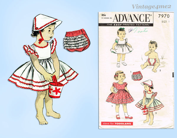 1950s Vintage Advance Sewing Pattern 7970 Baby Girls Dress & Bonnet Sz 1