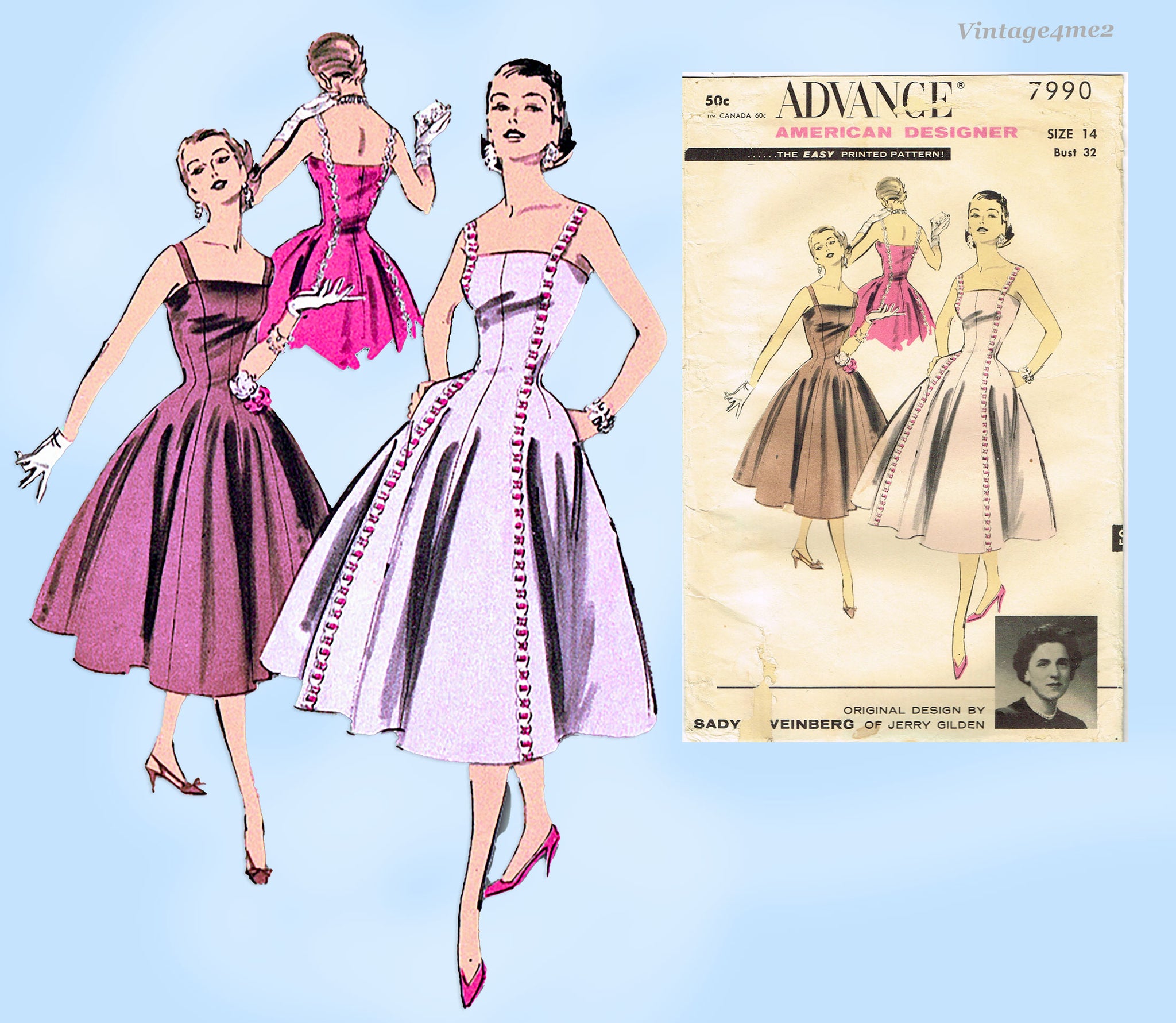 Advance 7990: 1950s Misses Uncut Designer Dress Sz 32 B Vintage Sewing – Vintage4me2