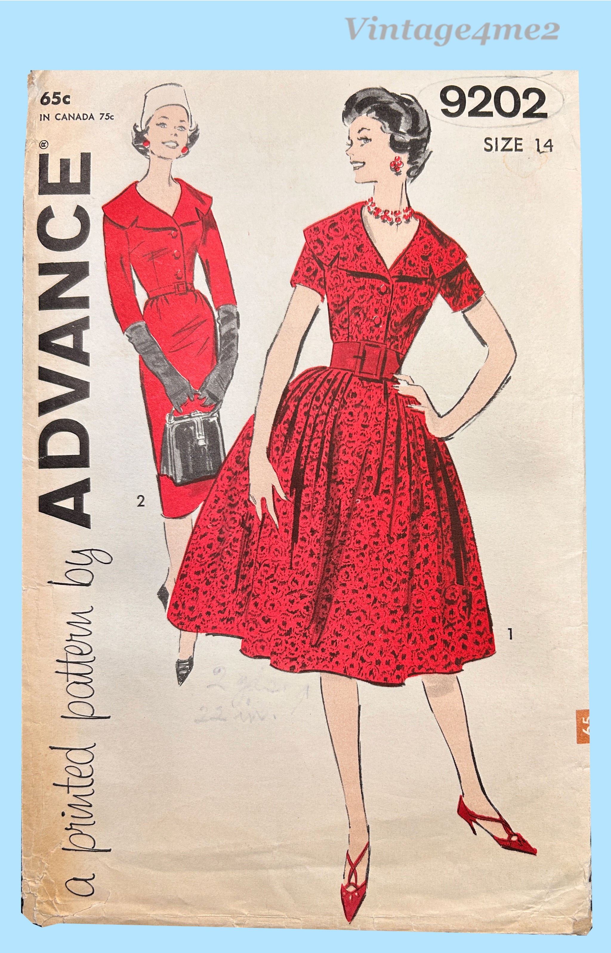 Advance 9202: 1950s Misses Dress Sz 34 Bust Vintage Sewing