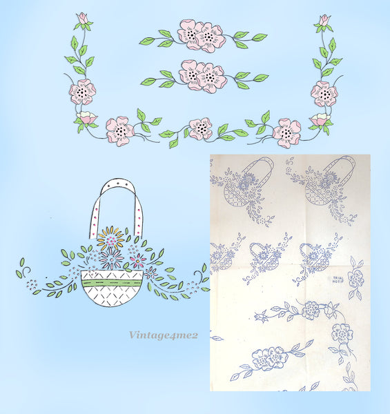 1920s Betty Burton 1541 Flower Baskets Floral Motifs  Uncut Embroidery Transfer