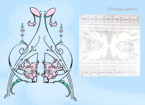 1920s Betty Burton Art Nouveau Floral Pillowcases Uncut Embroidery Transfer 1961