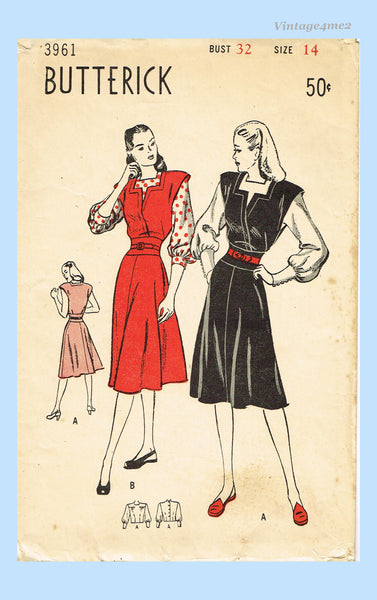 1940s Vintage Butterick Sewing Pattern 3961 Misses WWII Jumper Dress Sz 32 B