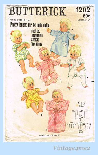 Butterick 4202: 1960s Cute 14 Inch Baby Doll Clothes Set Vintage Sewing Pattern