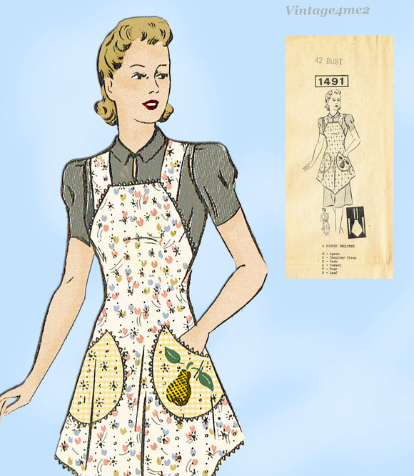 Mail Order 1491: 1940s Farm Kitchen Apron  Vintage Sewing Pattern Plus Size 42 Bust