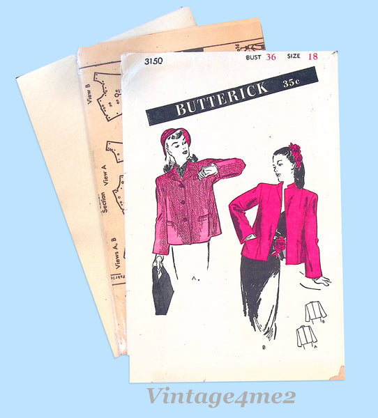Butterick 3150: 1940s Chic Uncut Misses Evening Jacket 36B Vintage Sewing Patter