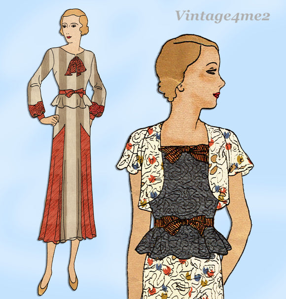 1930s Vintage Butterick Sewing Pattern 4503 Misses Peplum Dress Size 32 Bust