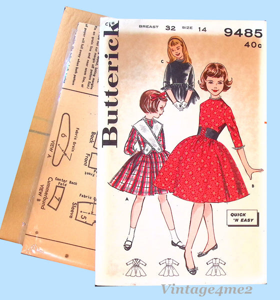1950s Vintage Butterick Sewing Pattern 9485 Easy Uncut Girls Dress Sz 14