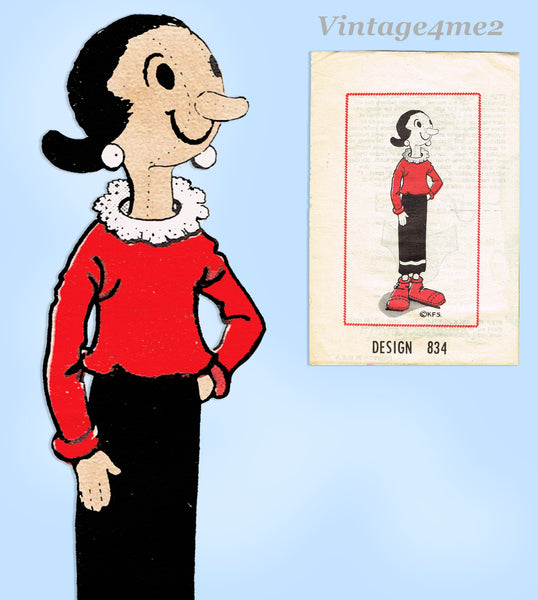1960s Vintage Design Mail Order Sewing Pattern 834 Uncut Olive Oil Stuffed Doll Popeye's Gal