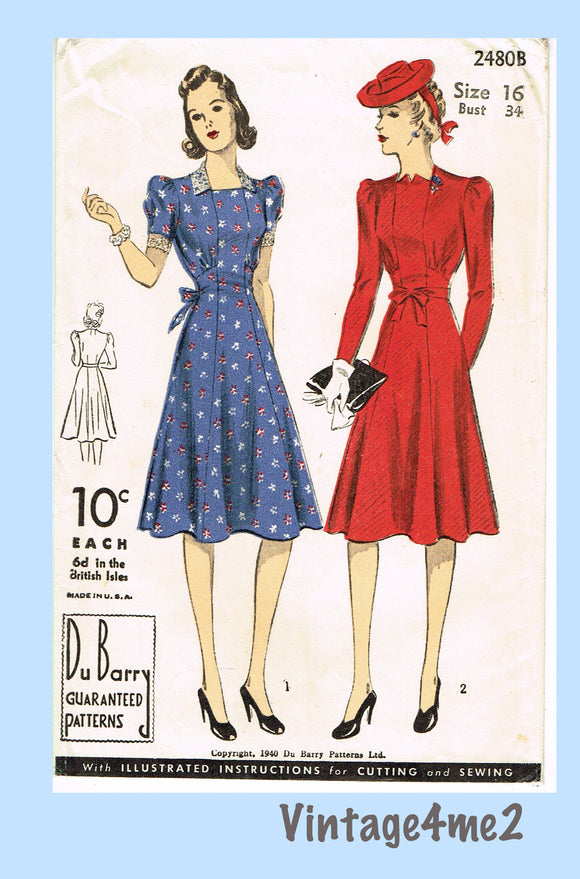 Du Barry 2480: 1940s Afternoon Dress Shaped Neckline 34B Vintage Sewing Pattern