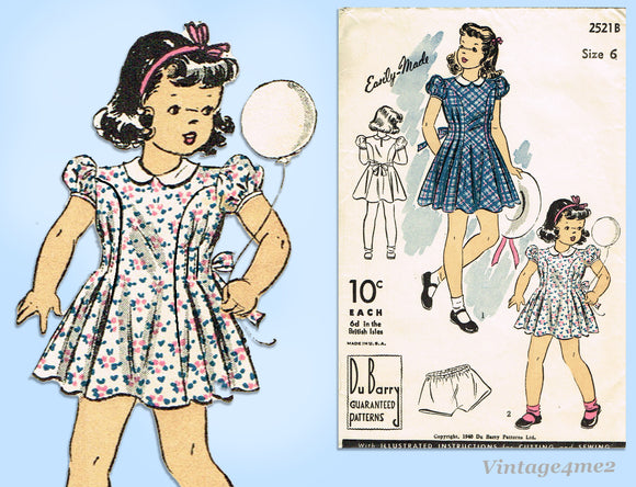 1940s Original Vintage Du Barry Pattern 2521 Toddler Girls Dress & Panties Sz 6