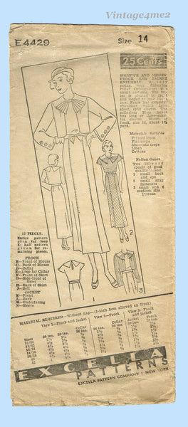 Excella 4429: 1930s Misses Dress & Jacket Set Sz 32 B Vintage Sewing Pattern