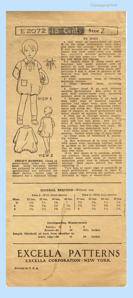 Excella E2072: 1920s Darling Baby Boys Bubble Romper Sz 2 Vintage Sewing Pattern