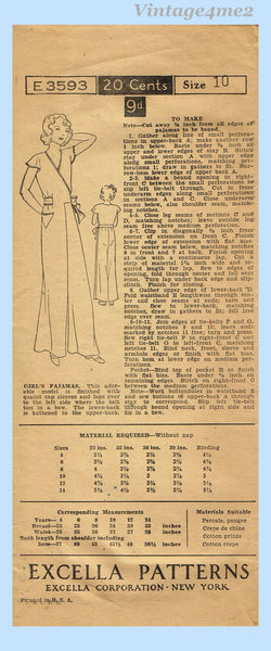 Excella 3593: 1930s Uncut Girls Lounging Pajamas Sz 28 B Vintage Sewing Pattern