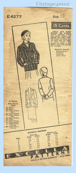 Excella 4277: 1930s Cute Little Girls Blazer or Jacket Sz 12 Vintage Sewing Pattern