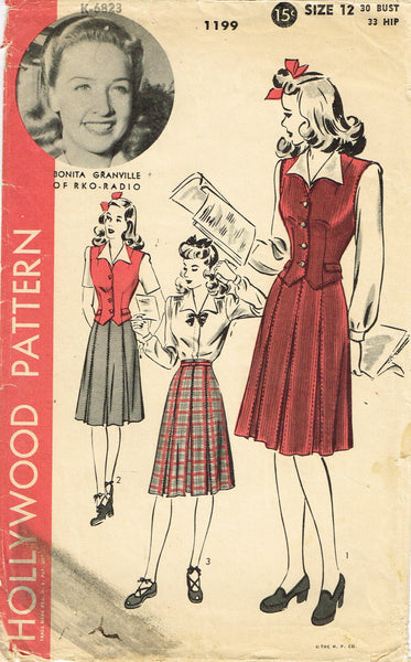 Hollywood Starlet 1199: 1940s WWII Skirt & Blouse Sz 30 B Vintage Sewing Pattern