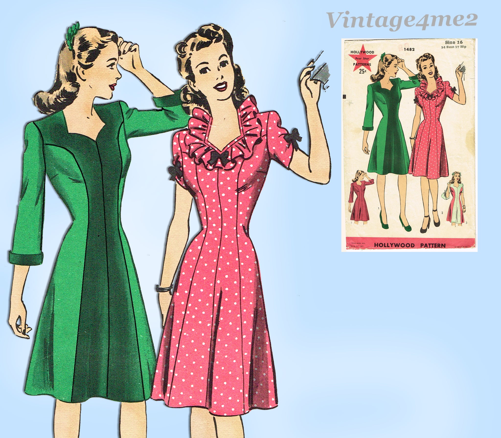 open lace back dress Hollywood 1482: 1940s WWII Party Dress Sz 34 B Vintage Sewing Pattern –  Vintage4me2