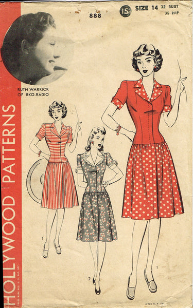 Hollywood Starlet 888: 1940s Ruth Warnick Dress Size 32 B Vintage Sewing Pattern