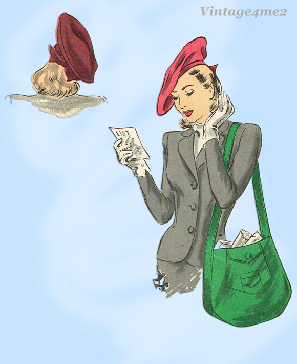 1940s Vintage Hollywood Sewing Pattern 1480 Rare Uncut WWII Misses Beret & Purse
