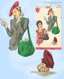 1940s Vintage Hollywood Sewing Pattern 1480 Rare Uncut WWII Misses Beret & Purse